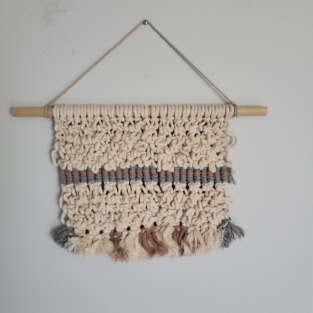 Handmade Textured Macrame Wall Hanging, Cream, Rose and Blue, 11x12